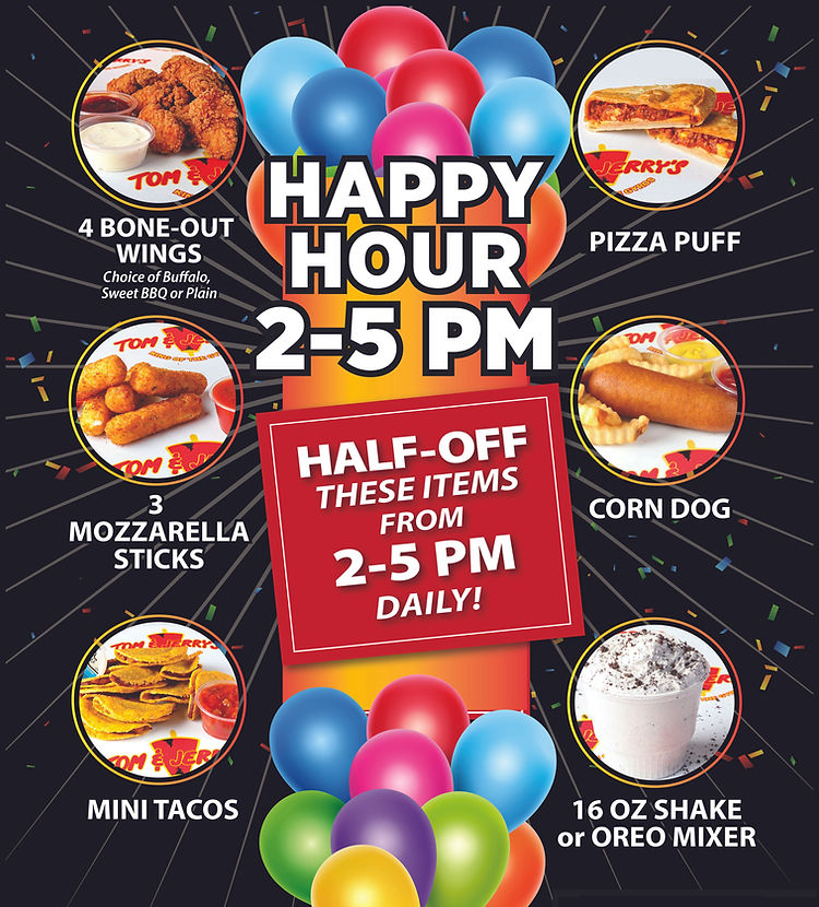 Happy Hour 2-5pm: Half-off wings, mozzarella sticks, pizza puff, corn dog, mini tacos, and Oreo shake