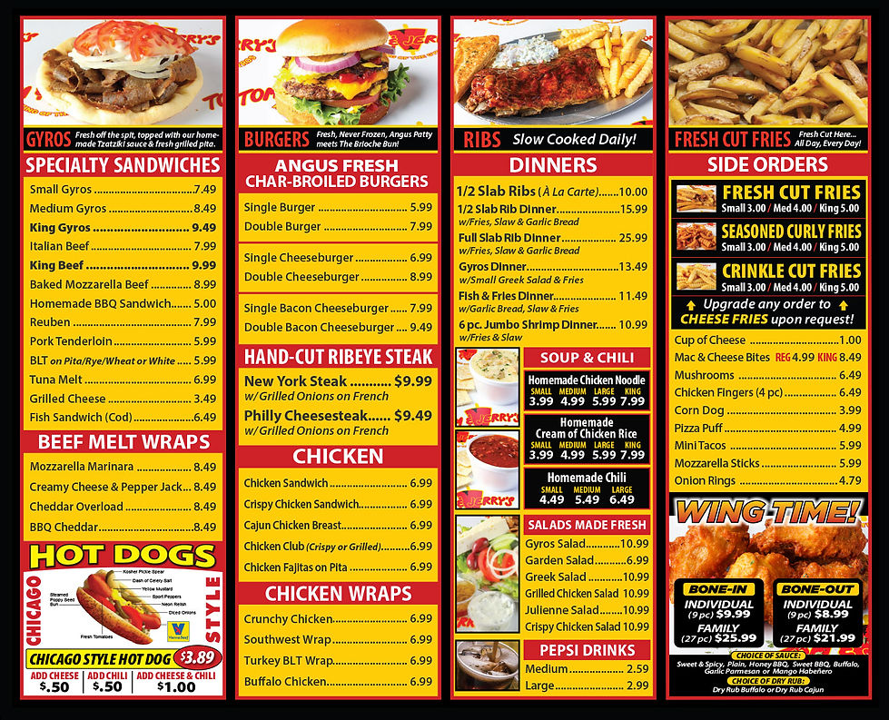 Restaurant menu: sandwiches, burgers, dinners, and sides
