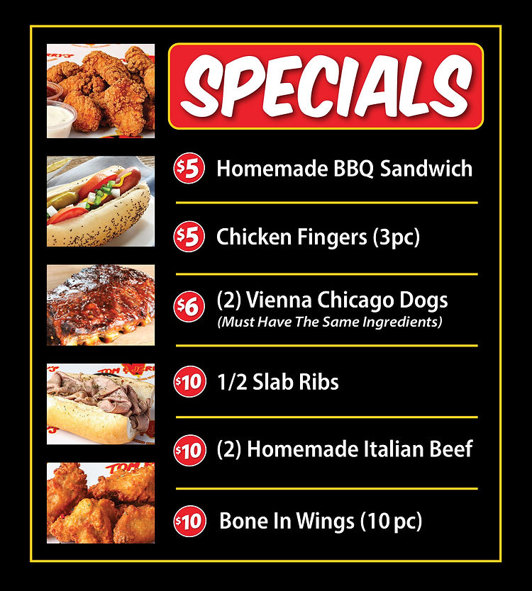 Restaurant specials menu: BBQ sandwich, chicken fingers, Chicago dogs, ribs, Italian beef, wings